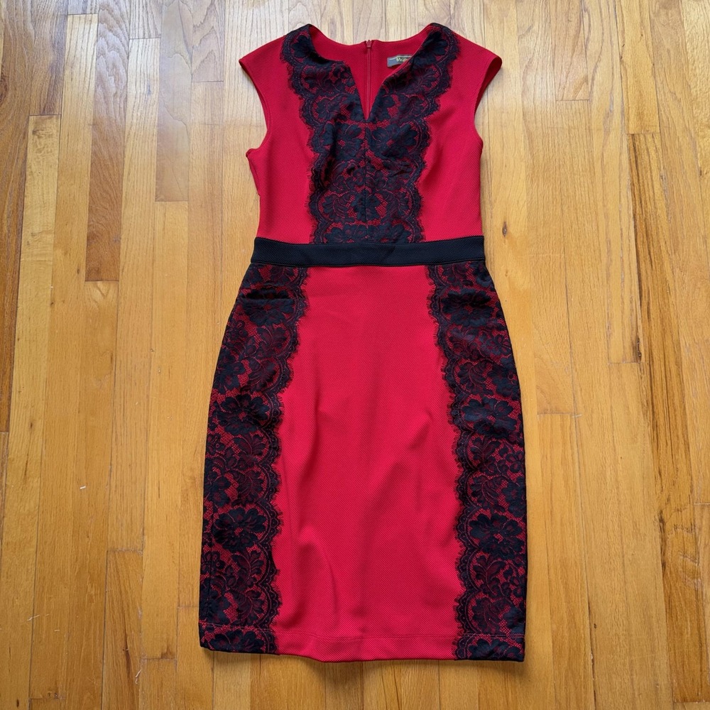Melonie T Dress 10 Red Black Lace Sheathā Bodycon Cocktail Midi Party Valentines
